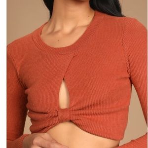 Lulus Orange Long Sleeve Knot-Front Crop Top
